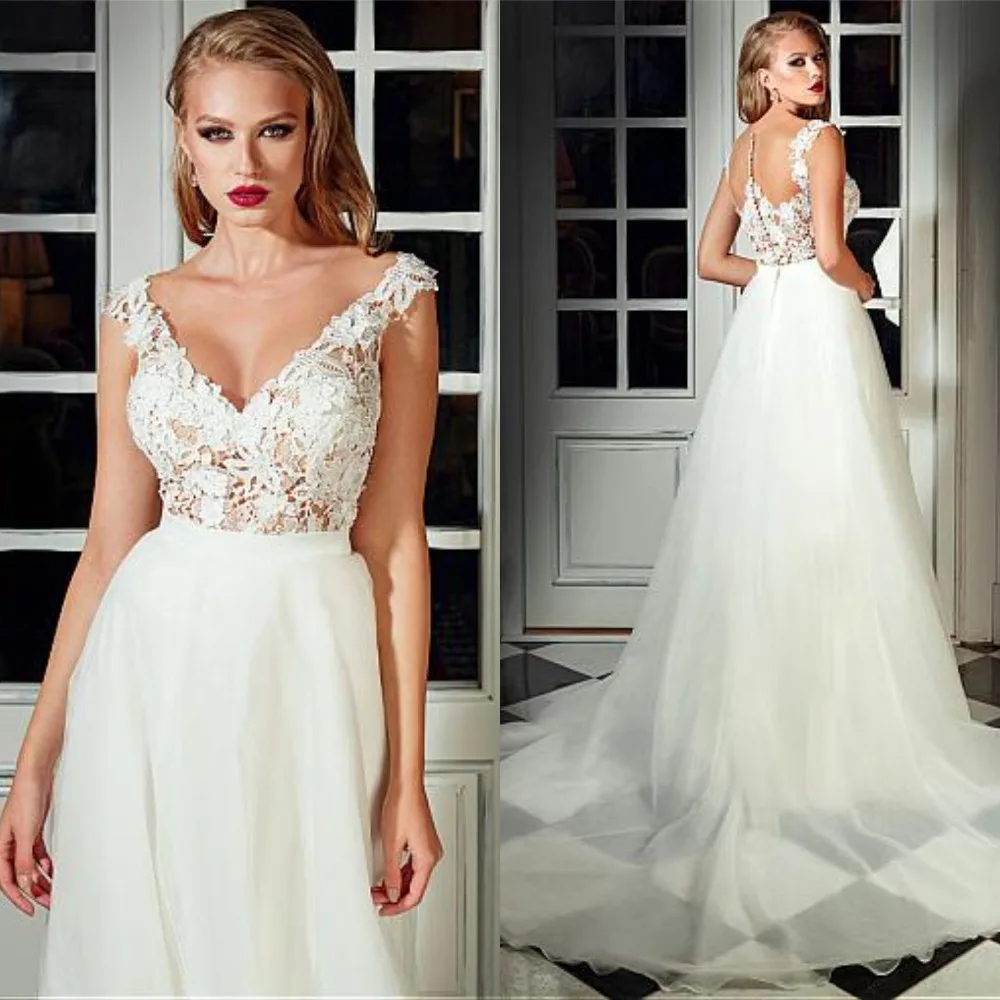 

Gorgeous Illusion O-Neck V-Design Wedding Dress Appliques Long Tulle Gowns for Bridal Appliques Cheap Robe De Mariee
