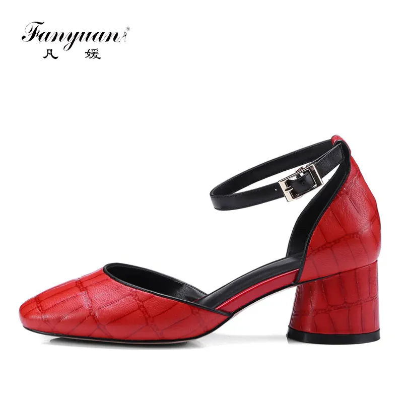 

Fanyuan Genuine Leather Women Pumps Ankle Strap Block Heels Vintage Ladies Shoes Spring/Summer Shoes Woman Pumps zapatos mujer