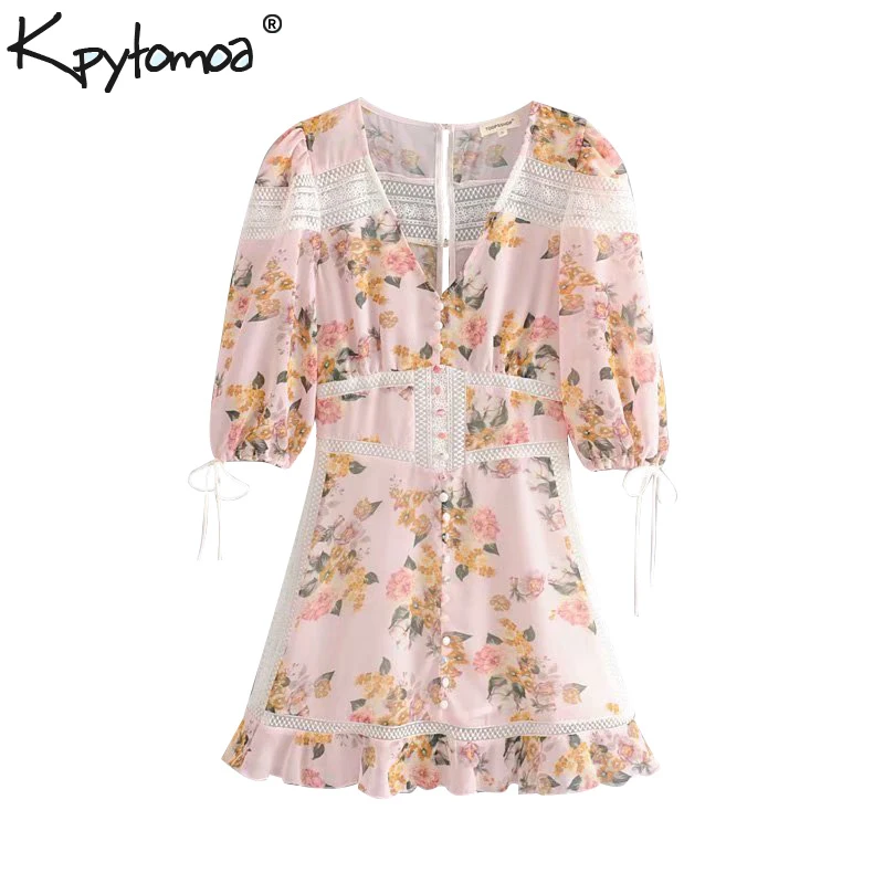 

Vintage Stylish Floral Print Lace Patchwork Mini Dress Women 2019 Fashion V Neck Short Sleeve Beach Dresses Casual vestido Mujer