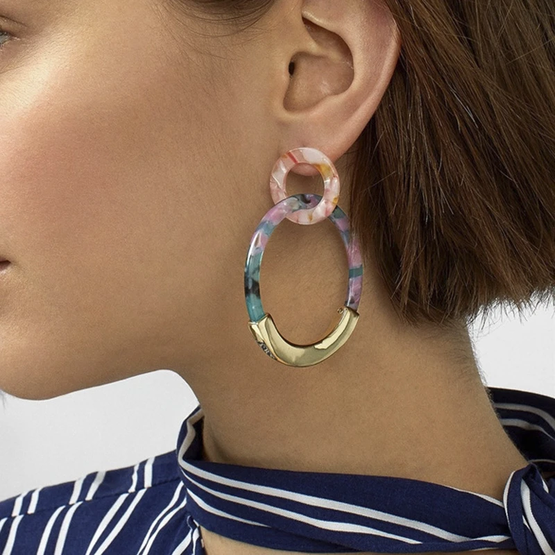 

H:HYDE Colorful Leopard Acrylic Dangle Earring for Women Gold Alloy Round Geometry Resin Hanging Earring Brincos Jewelry
