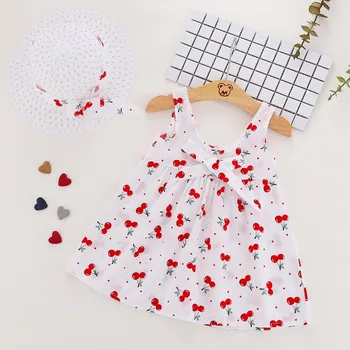 

2019 Summer Cotton Infant Kids Vintage Cherry Print Bow Sleeveless Sundress Princess Baby Girls Beach Dress + Sunhat vestidos