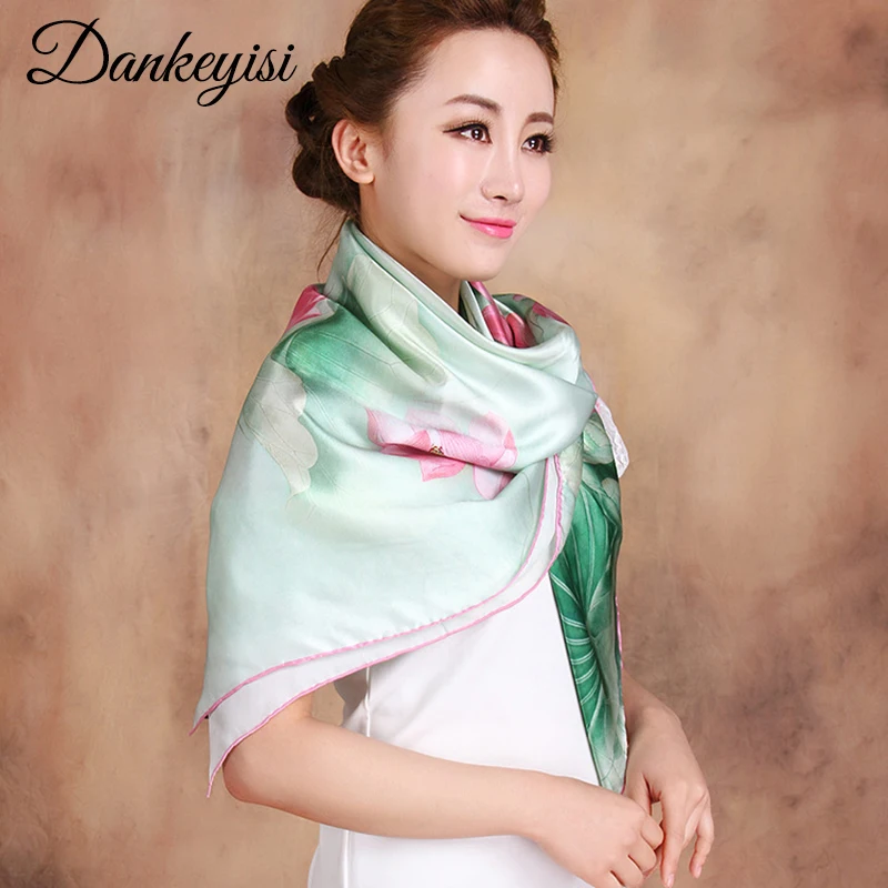 

DANKEYISI Women Scarf Hijab Pure Silk Headband Beach Cover-ups Big Square Scarf Female Genuine Silk Scarves Printed Shawls