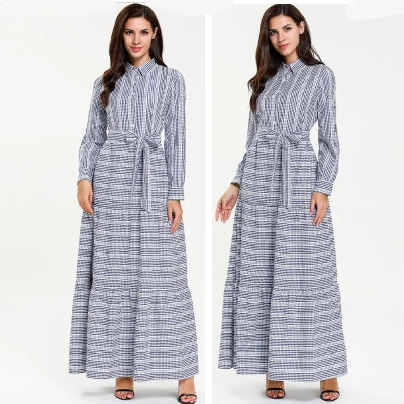 

2019 Office Lady Stripes Long Dress Full Length Robe with Belt Abaya Fashion Turkey Muslim Prayer Arabic Robe Comfortable