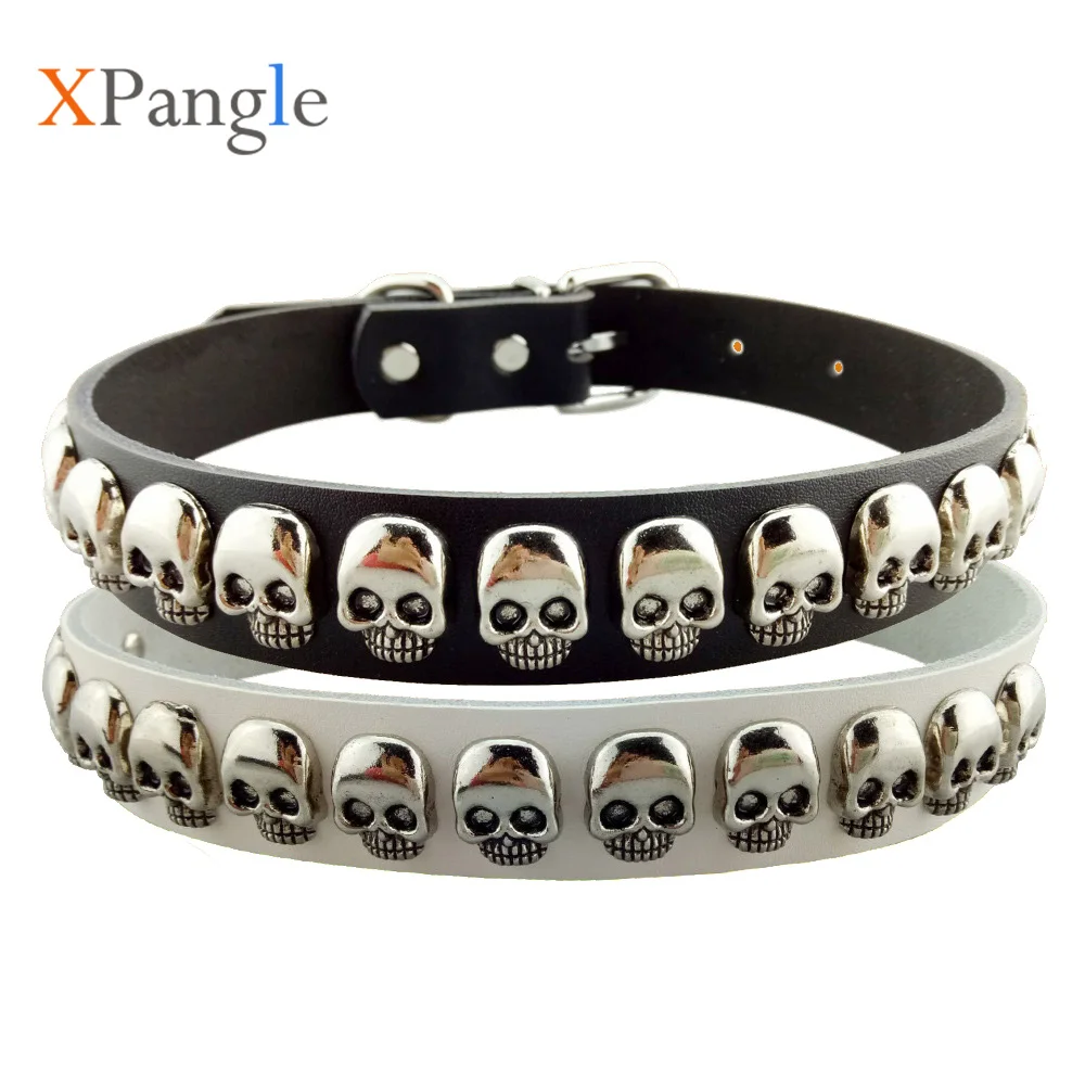 Skull Studded Dog Collar PU Leather Adjustable Dog Cat Bone Collar