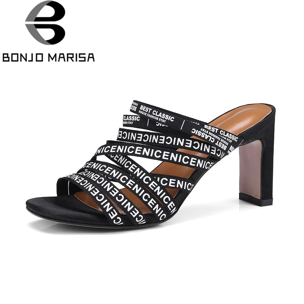 

BONJOMARISA Brand Letters Mules Women Summer 2019 New Large Size 32-43 High Heels Shoes Woman slip-on Footwear
