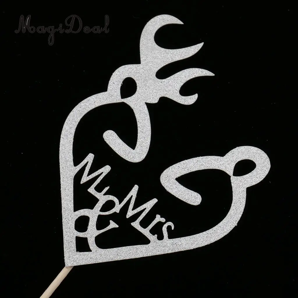 MagiDeal 4Pcs Glitter Antler Style Mr & Mrs Cake Topper Wedding Party Food Picks for Gender Reveal Party Baby Shower Gold/Silver