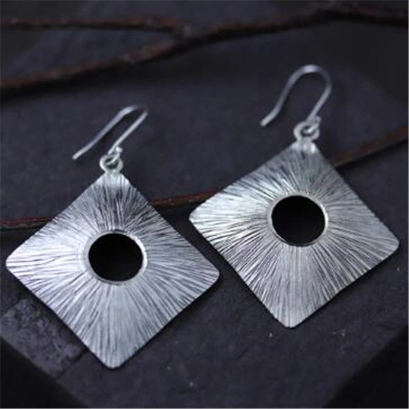

Hot 925 Sterling Silver Jewelry Fine Hollow Pattern Square Earrings Retro Thai Silver Woman Earrings Charm Lady Jewelry 41*45MM