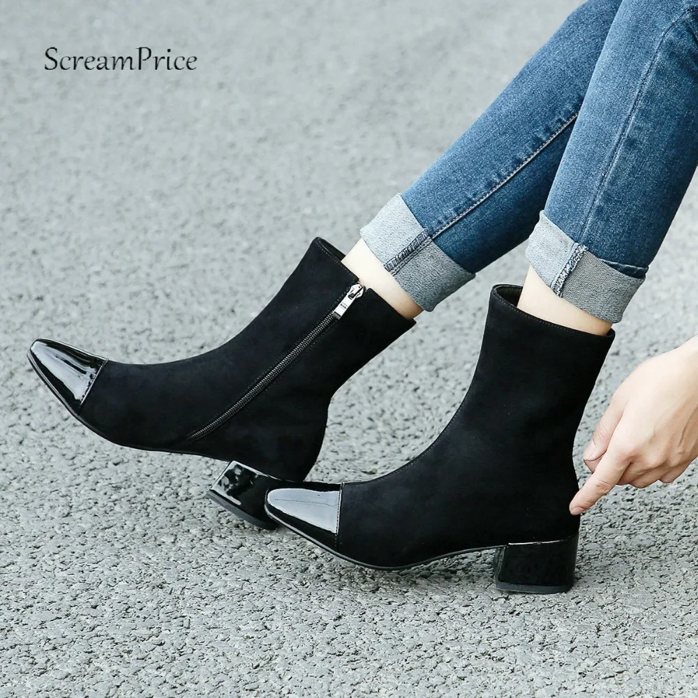 

Fashion Square Toe Boots Women Flock Leather Thick Heel Ankle Boots Zipper Ladies Boots Autumn Winter Woman Shoes Plus Size 2018