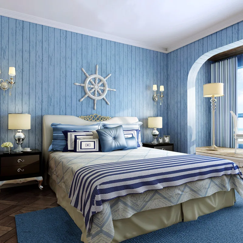 Нетканые синие деревянные зерна обои Средиземное море Стиль вертикальные полосы гостиная спальня детская комната ТВ фон стены