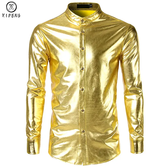 Men Shirt 2019 New Mens Trend Night Club Coated Metallic Gold Silver ...