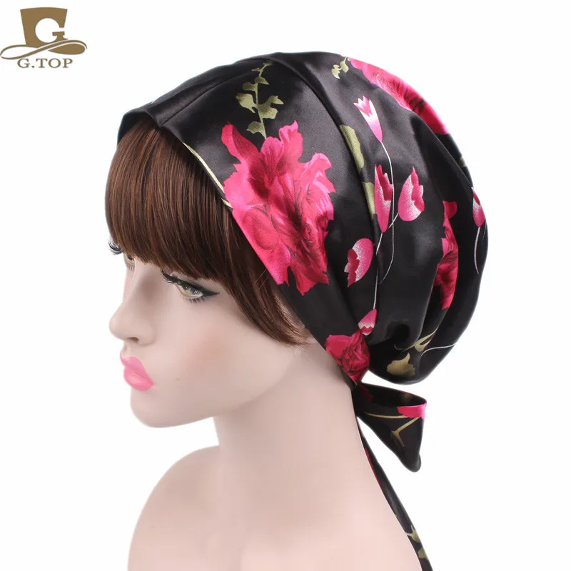 Женский атласный головной шарф Шапочка для сна шелковистый головной убор Дамский шарф для волос шапка - Цвет: Black flower