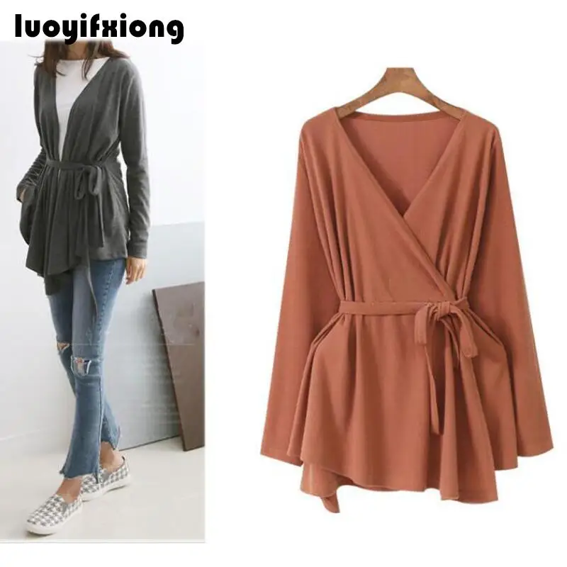 Женский трикотажный кардиган с асимметричным подолом и поясом|long sleeve kimono|blouses