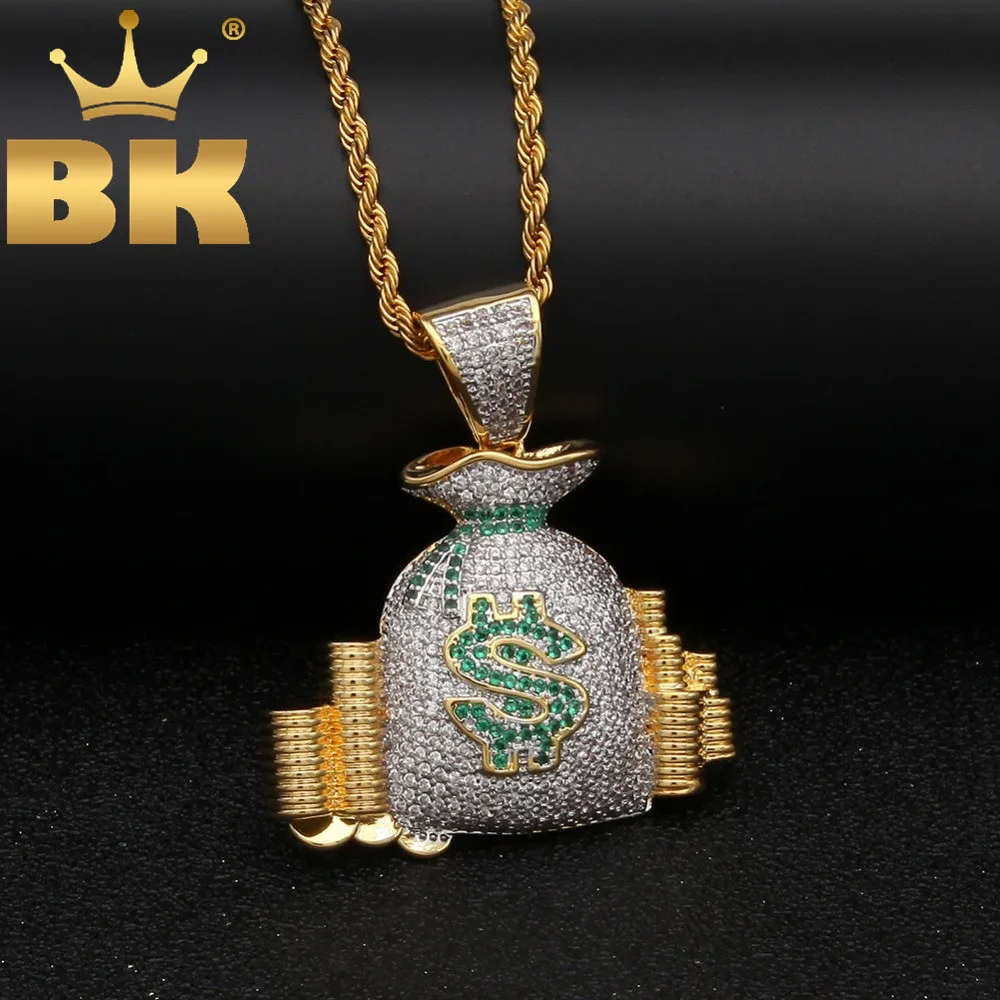 Luxury Jewelry Rich US Money Bag Coin Stack Necklace& Chain Gold Color Bling Iced Out CZ Cubic