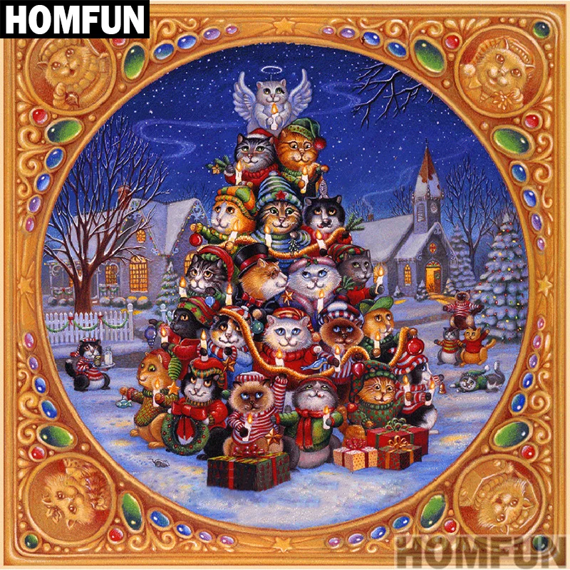 

HOMFUN 5D Needlework Diy Diamond Painting Cross Stitch "Cat christmas tree" Diamond Embroidery Square Round Drill Crafts A00906