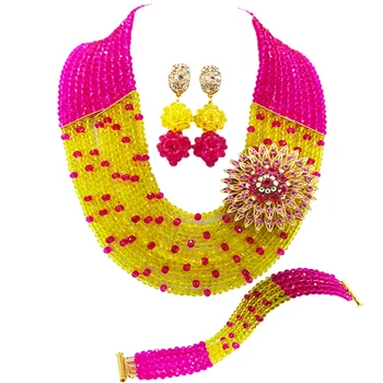 

Beautiful Fuchsia Pink Yellow Crystal Beads African Jewelry Set Nigerian Wedding Necklace Sets 10C-SZ52