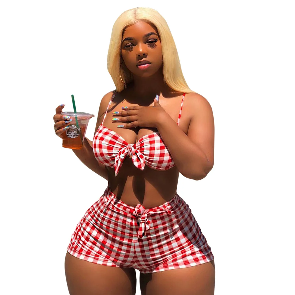 

Spring Summer Women Two Piece Set Top and Pants Plus Size Outfits Tracksuit Sweatsuit Outfit Plaid Print Strapless Top Shorts