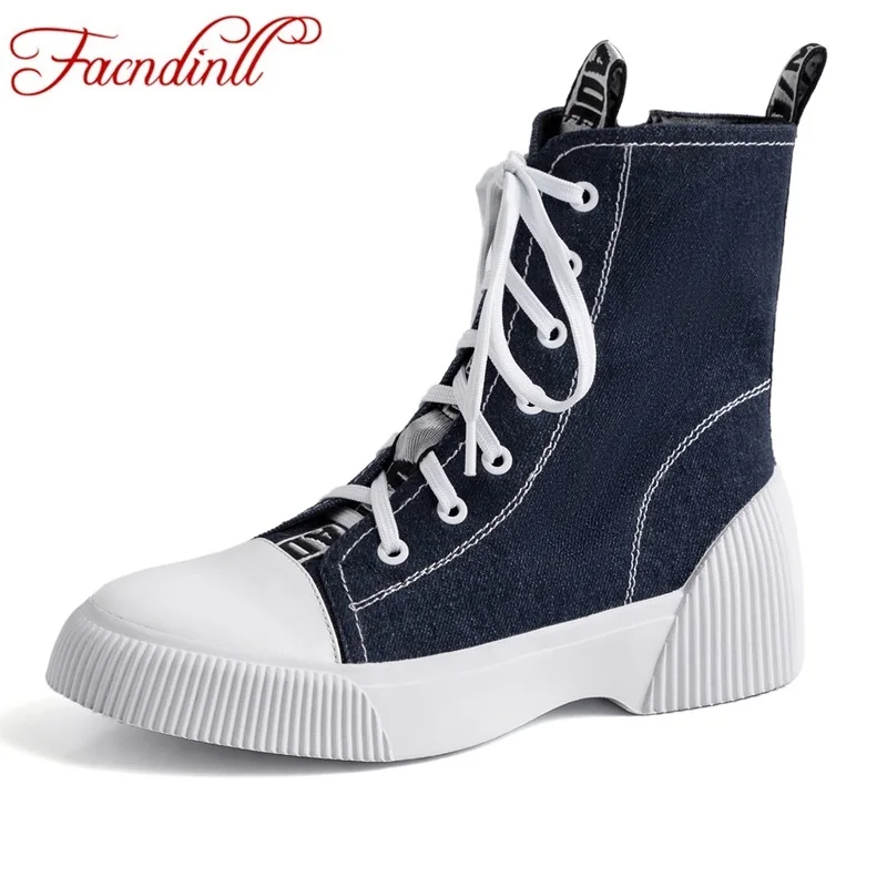 

FACNDINLL fashion ankle boots for women platform shoes punk gothic style rubber sole lace up black blue autumn winter warm boots