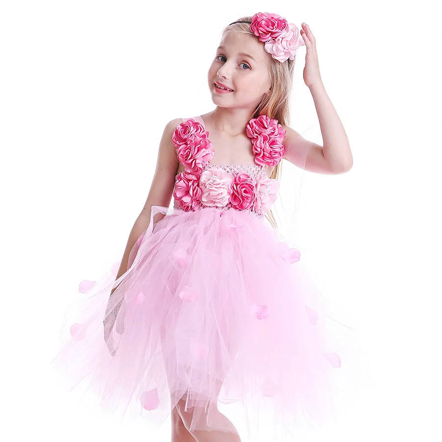 Girl Pink Flower Princess Tutu Dress with Hair Hoop Children Fancy Wedding (6)