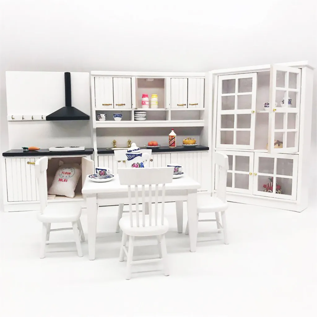 TOP Miniature Kitchen 1:12 Mini Dollhouse Mini Kitchen Dining Table and Chair Cabine FOR CHILDREN TOY a613