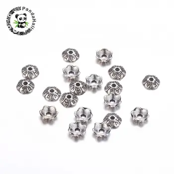 

6-Petal Tibetan Style Alloy Flower Bead Caps, Nickel Free & Lead Free, Antique Silver Color, 6x2mm, Hole: 1mm