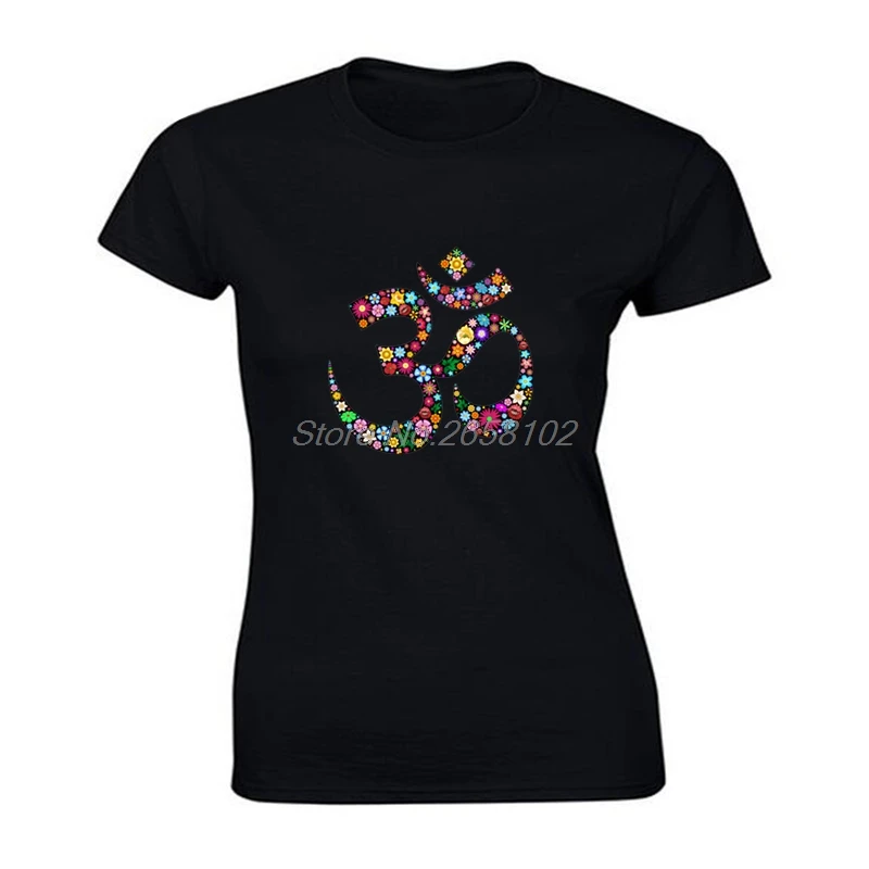 Art Design namaste OM футболка с цветочным принтом и символом Женская хлопковая футболка с коротким рукавом подарок хип-хоп футболки Топы Harajuku уличная фитнес - Цвет: black
