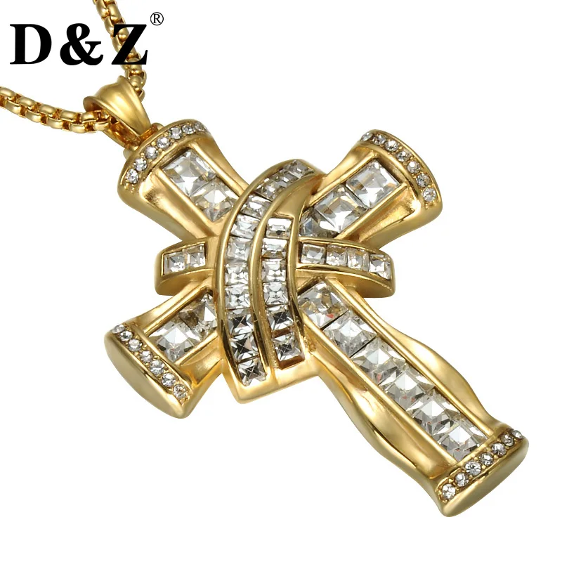 

D&Z Iced Out Crucifix Pendant Necklaces Gold Color Stainless Steel Religious Cross Necklace for Christian Jewelry