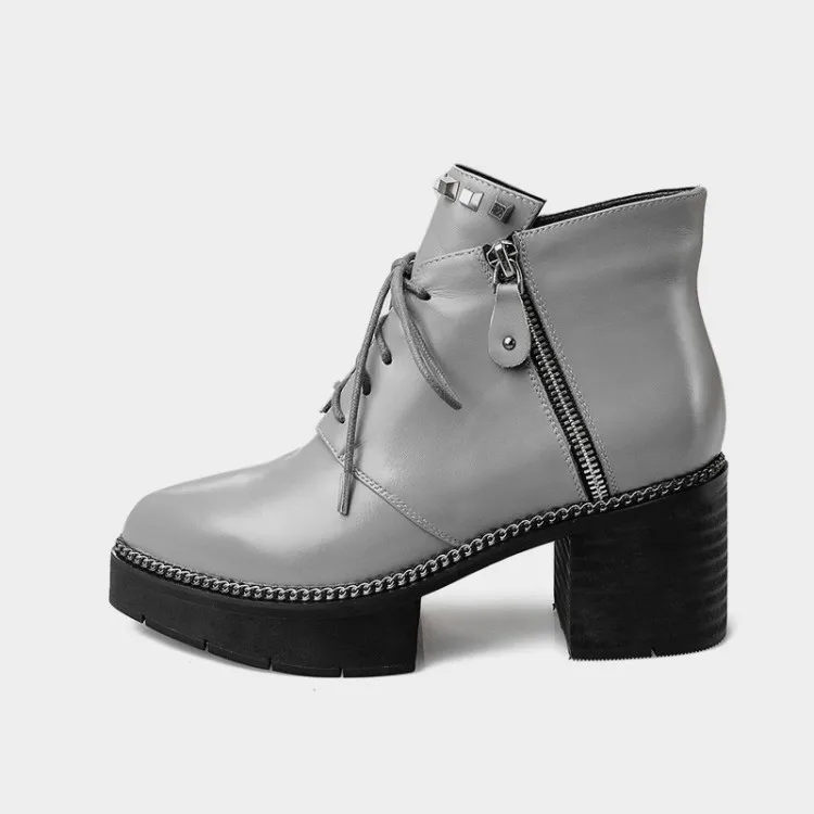 Olomm/новые женские кожаные ботильоны пикантные удобные Клубные туфли с заклепками на квадратном каблуке с острым носком; цвет черный, серый Женская обувь; американские размеры 4-10,5