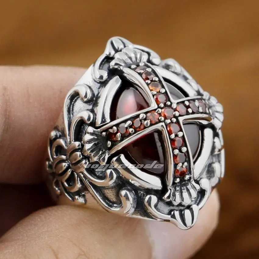 925 Sterling Silver Goth Big Red CZ Stone Cross Mens Ring 9D005in