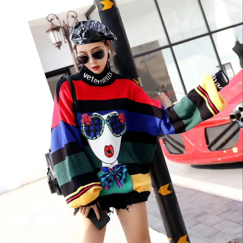 

TREND-Setter 2018 New Fashion Rainbow Knitting Sweater Women Cartoon Girl Pattern Turtleneck Striped Oversized Pullover Female