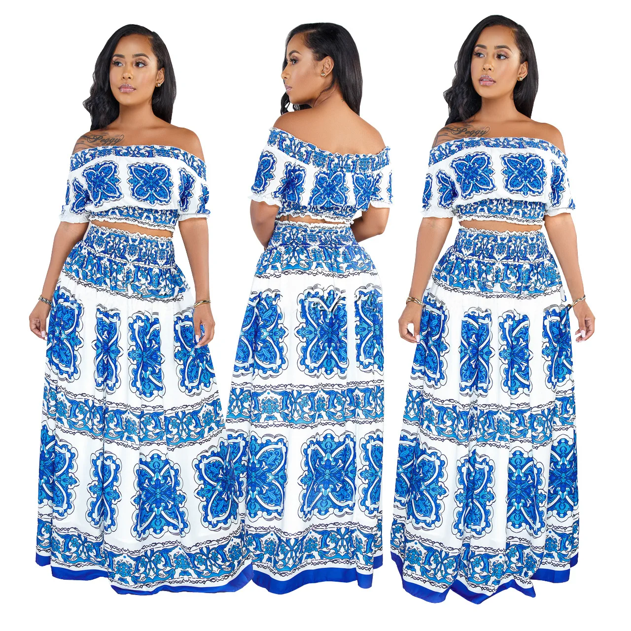 

Spring Summer Women Two Piece Set Top and Pants Plus Size Outfits Tracksuit Sweatsuit Totem Print Strapless Top and Maxi Skirt