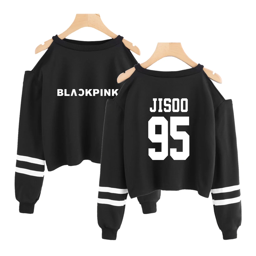 Черный Розовый Kpop Толстовка Harajuku Корейская уличная одежда с открытыми плечами укороченный топ с длинным рукавом женская уличная одежда Kawaii