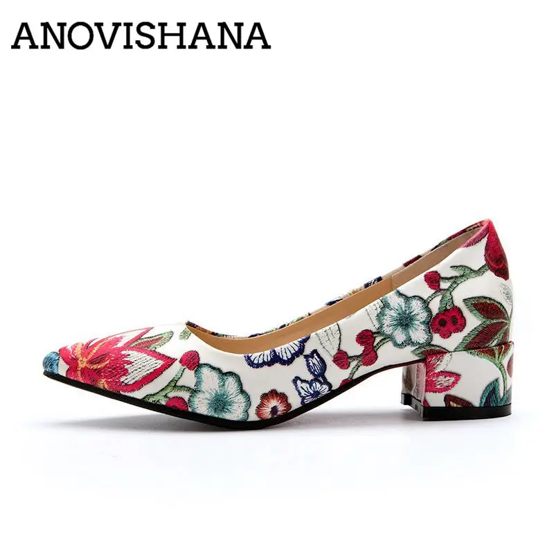 

ANOVISHANA large size 46 women pumps shoes pointed Embroidery Flowers Slip On low heel Pumps shallow wedding chaussure zapatos