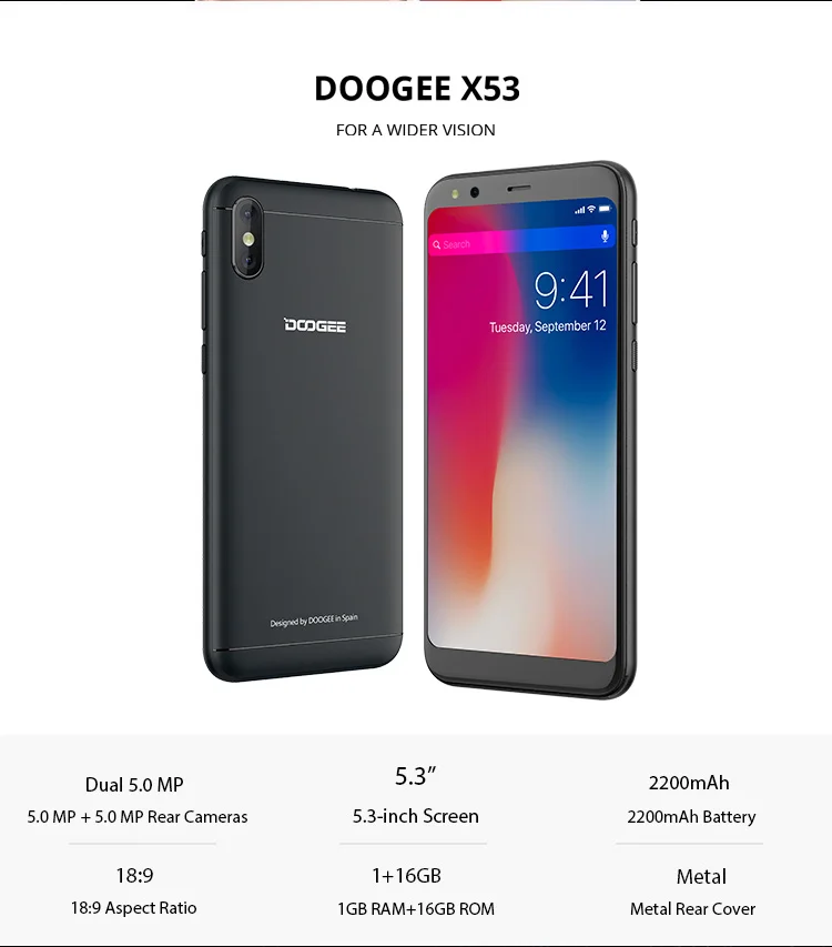 DOOGEE X53 1GB RAM 16GB ROM MTK6580M 1.3GHz Quad Core 5.3 Inch 2.5D Screen Dual Camera Android 7.0 3G Smartphone