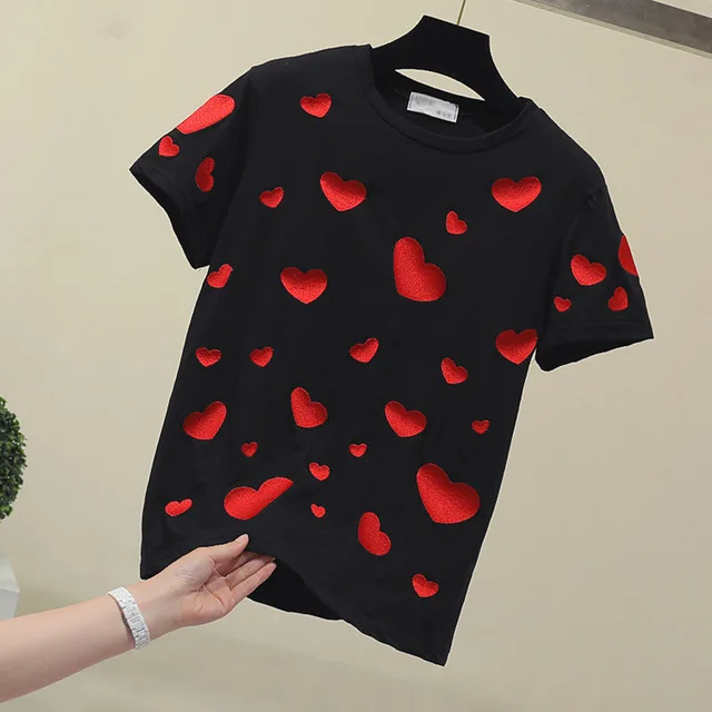 

Embroidery Cotton Short Sleeve T-shirt Female Loose Spring Summer Tshirt New Student Cotton Shirt White / Black Top Tee A877