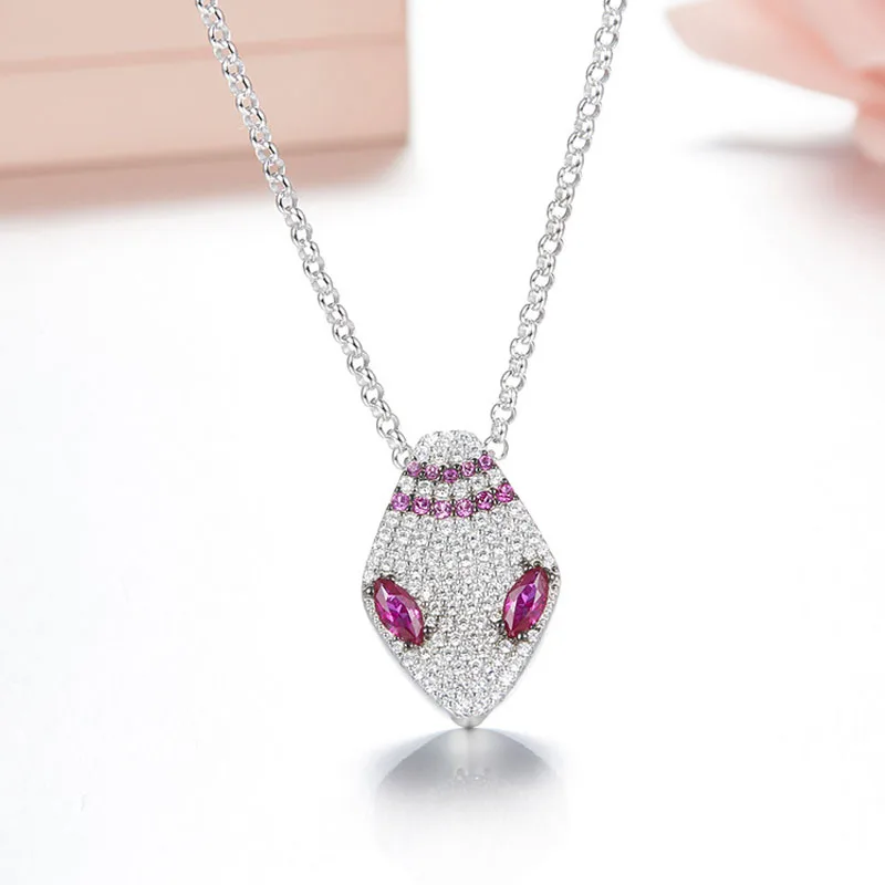 

SLJELY New Trendy 925 Sterling Silver Jewelry Paved Full Cubic Zirconia Pink Eyes Spirit Snake Pendant Necklace for Women Monaco