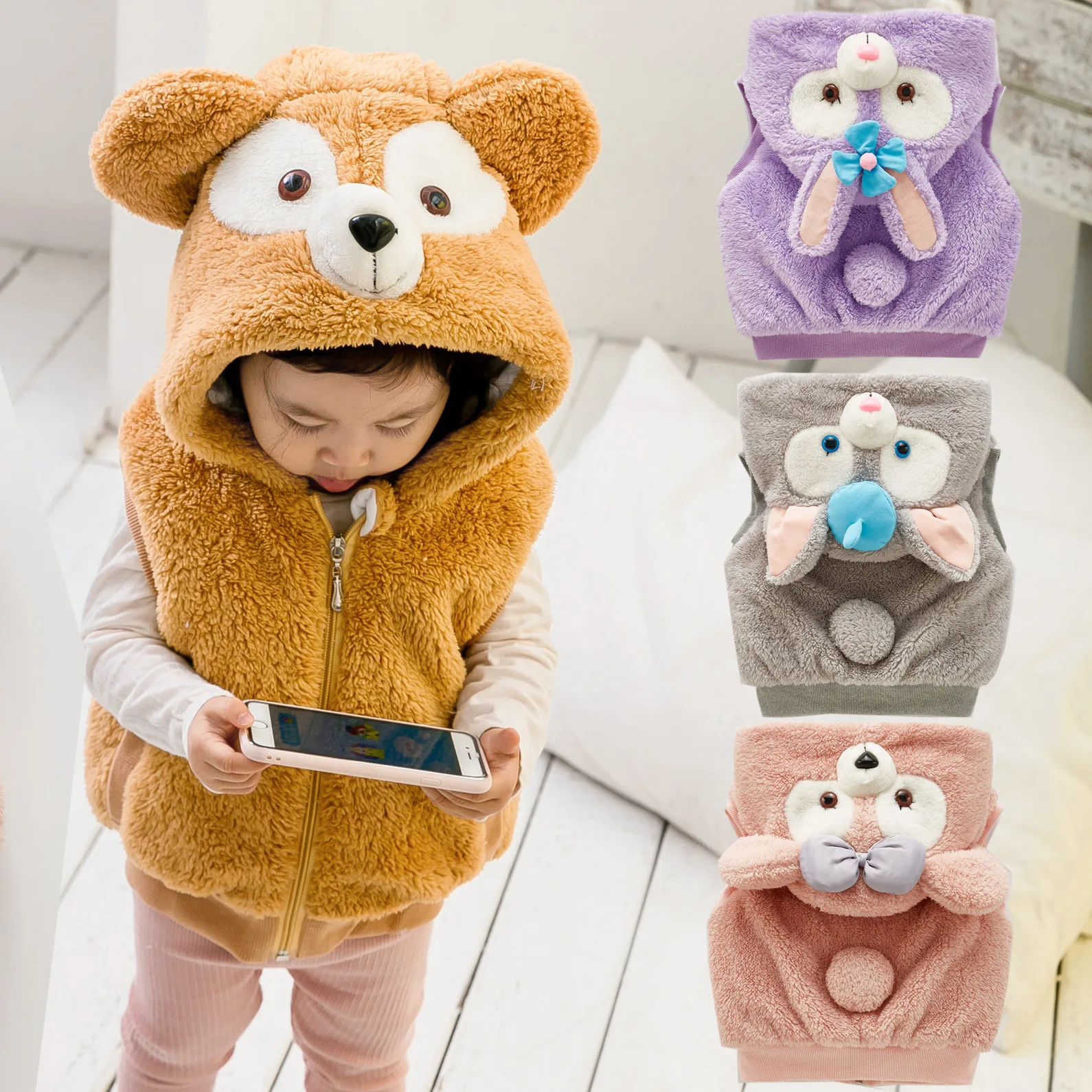 

2019 children's autumn and winter vest baby boys and girls flannel vest child hoodied cartoon bear thicken jacket clothes