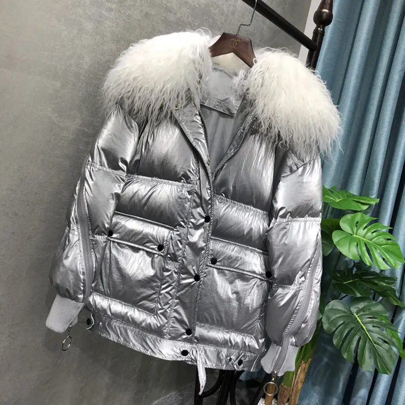 Пляжный шерстяной пуховик женский корейский модный большой мех меховой воротник пальто яркий шелк Резьбовая манжета Tide chaqueta mujer 449 - Цвет: Silver