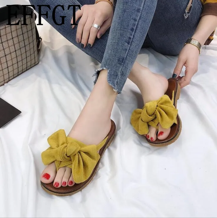 

EFFGT 2019 Women Slippers Summer Ladies Flat slipper Cloth Solid Fashion Beach bowknot sandals Shoes Female Casual slipper