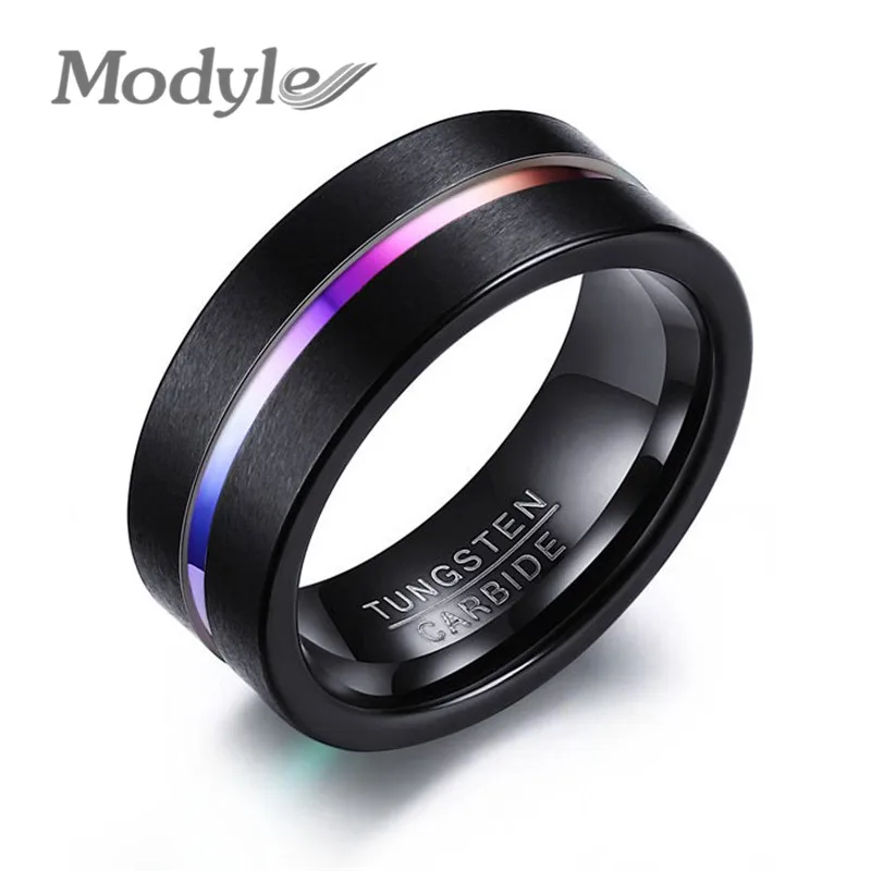 

Modyle Tungsten Carbide Ring for Men Jewelry Thin Rainbow Color Line Wedding Ring