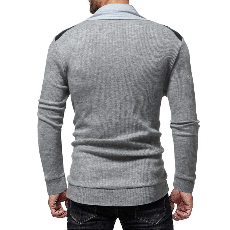 New leather buckle decorative solid color sweater fashion men Pile collar stitching long sleeve slim casual top clothes