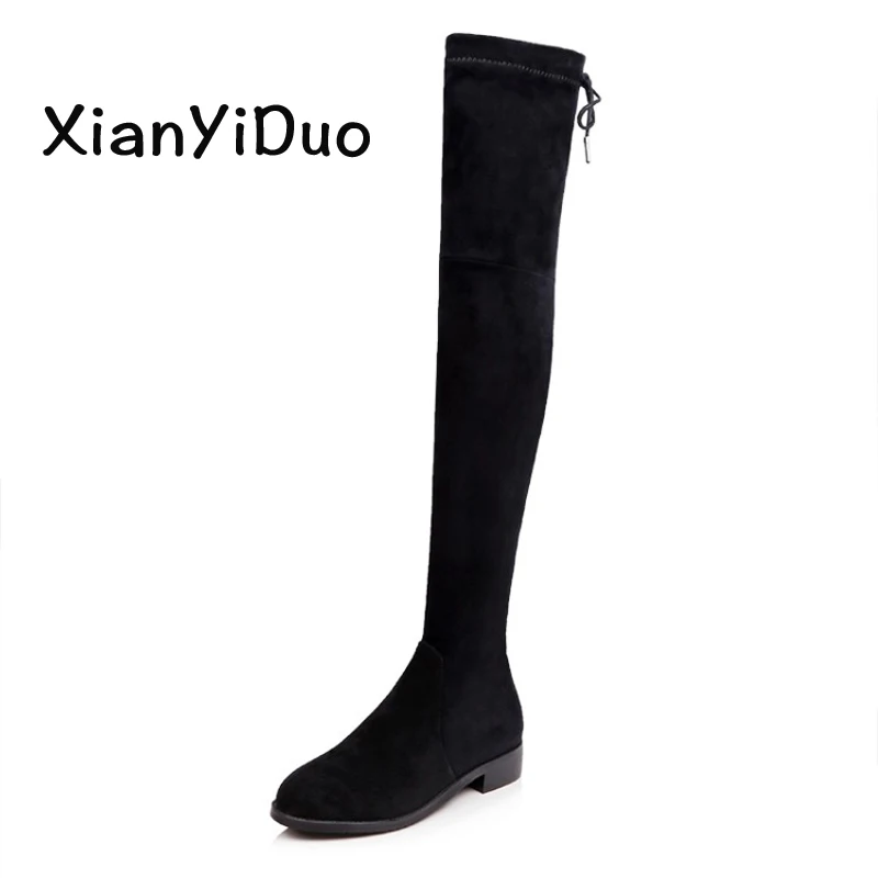 

Xianyiduo Overy the Knee Women's Shoes Low Heel Zipper Micro stretch shaft Thigh-high stretch suede Boots plus size 40-43red/891