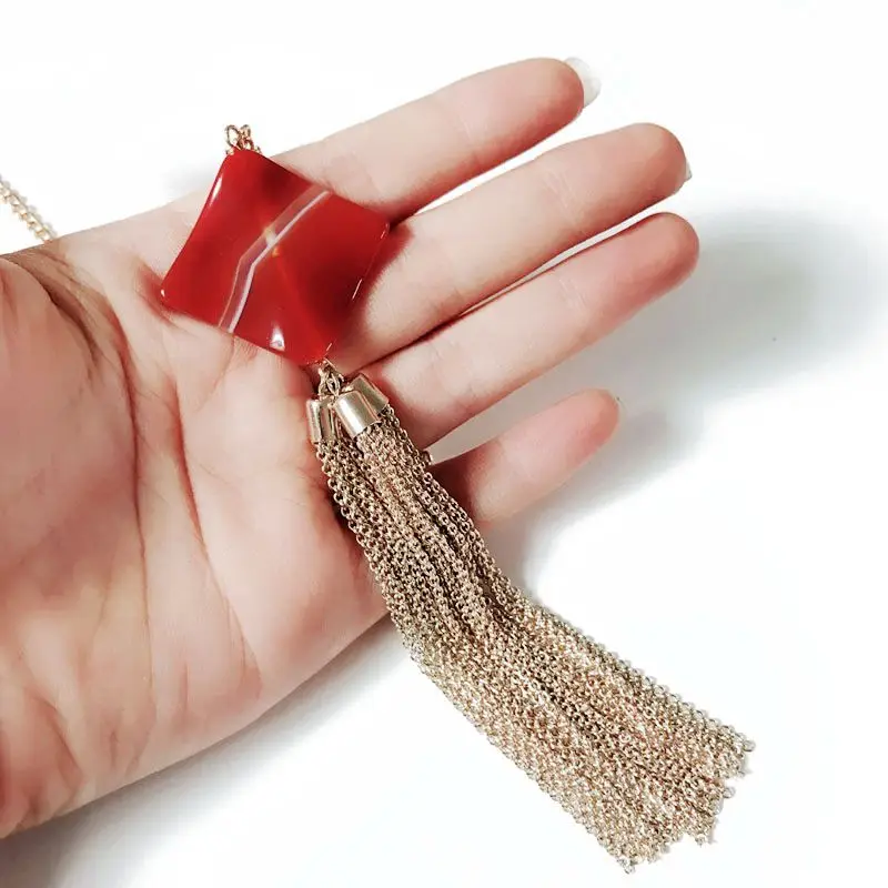 

Free Shipping New Geometric Natural Stone Tassel Chain Long Pendant Necklace