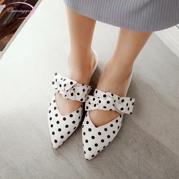 

Japanese sweet style sexy pointed toe summer slipper fashion slip-on bowknot matching color dots low with thick women's shoes