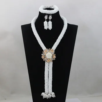 

White Crystal Bridal Jewelry Sets African Jewelry Bead Nigerian Party African Beads Jewelry Set Long Design Free Shipping ANJ085