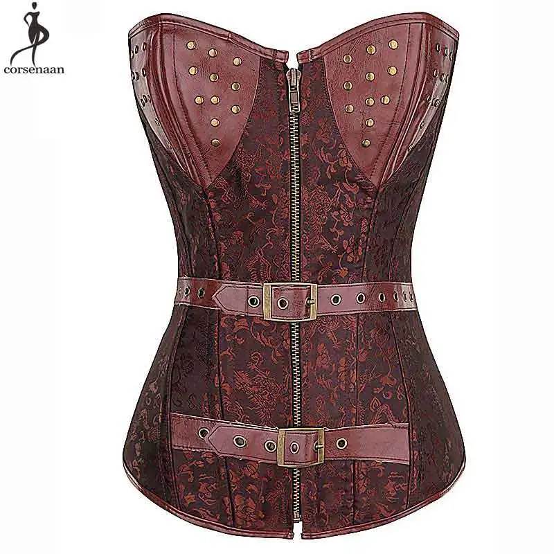 

Front Zipper Corset Synthetic Leather Rivet Cup Corsets Fish Boned Bustier Plus Size 6XL Brown Punk Gothic Waist Slimming Gorset