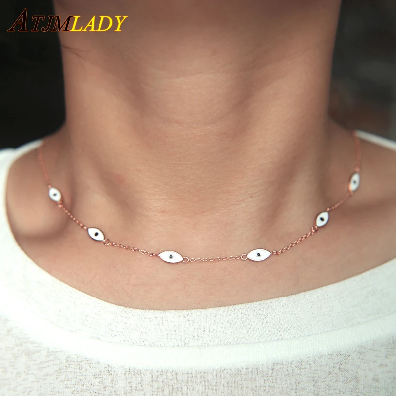 

2018 white enamel turkish evil eye tiny dainty charm link chain thin 100% 925 sterling silver 33+7cm choker chocker necklace