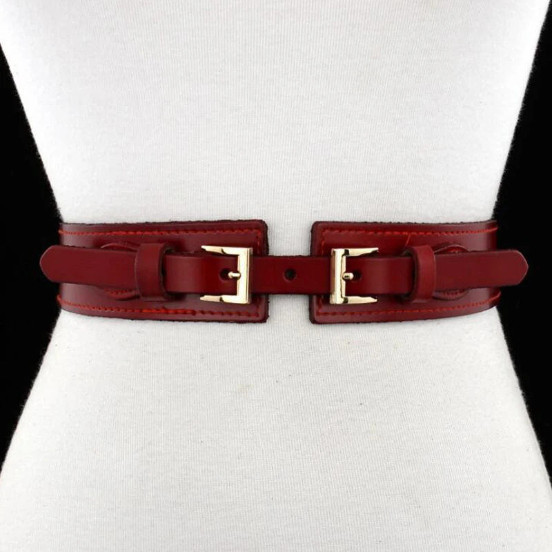 Women Double Buckle Elastic Belts Real Leather Lady Dress Waist Straps