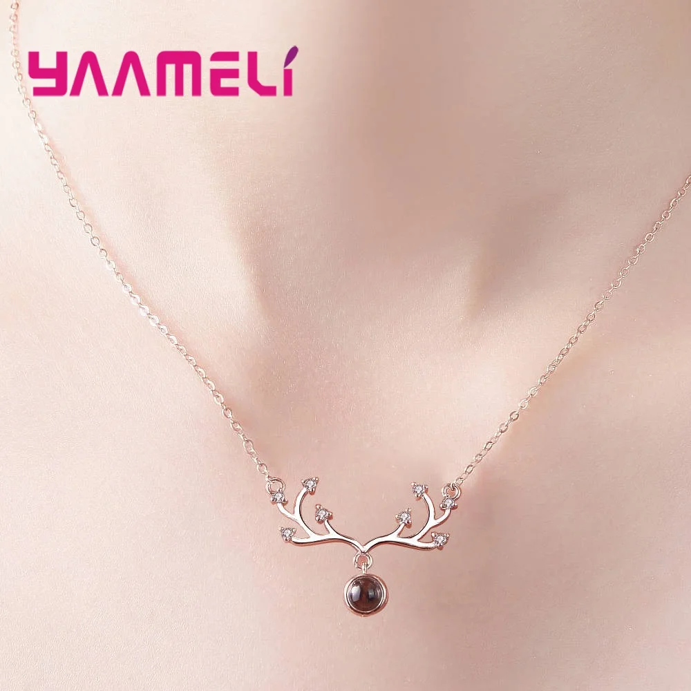 

Sweet Style Elk Deer Antlers Necklace 925 Round Opal Stone Pendant Necklaces For Women Girls Birthday Party Gift Jewelry