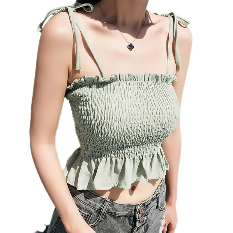 

Fashion Beach Wear Flounced Short T Shirt Women Crop Tops Bra Adjustable Elastic Pleated Camis Female Summer Bottoming Vest 2017
