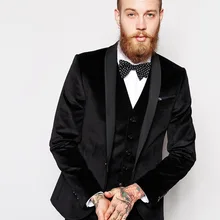 Костюм жениха под заказ шаль нагрудные смокинги для жениха черные бархатные Мужские костюмы для шафера блейзер(пиджак+ брюки+ галстук+ жилет) B980